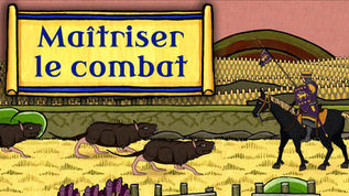 Enluminure en jeu d'un chevalier monté qui s'apprête à charger des mulots géants