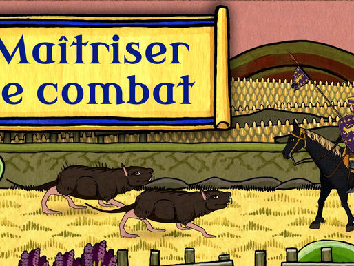 Enluminure en jeu d'un chevalier monté qui s'apprête à charger des mulots géants