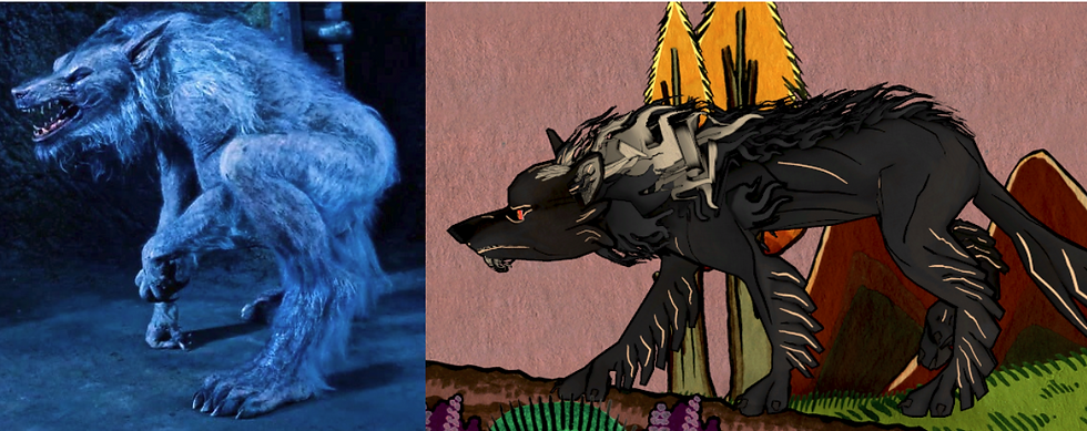 À gauche, photo du premier loup-garou de Underwold, la saga de films et à droite, fond d'écran du Bisclavret (un grand loup noir designé dans un style enluminé) de LotRT.