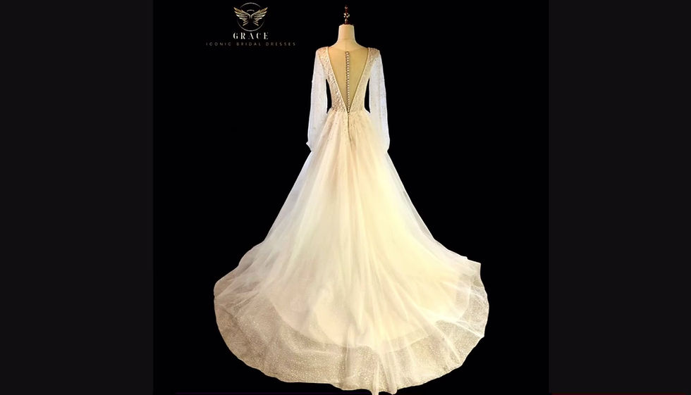 Thumbnail: Wedding Dress LAURA Glitter with V-Neckline and Chapel Length Train