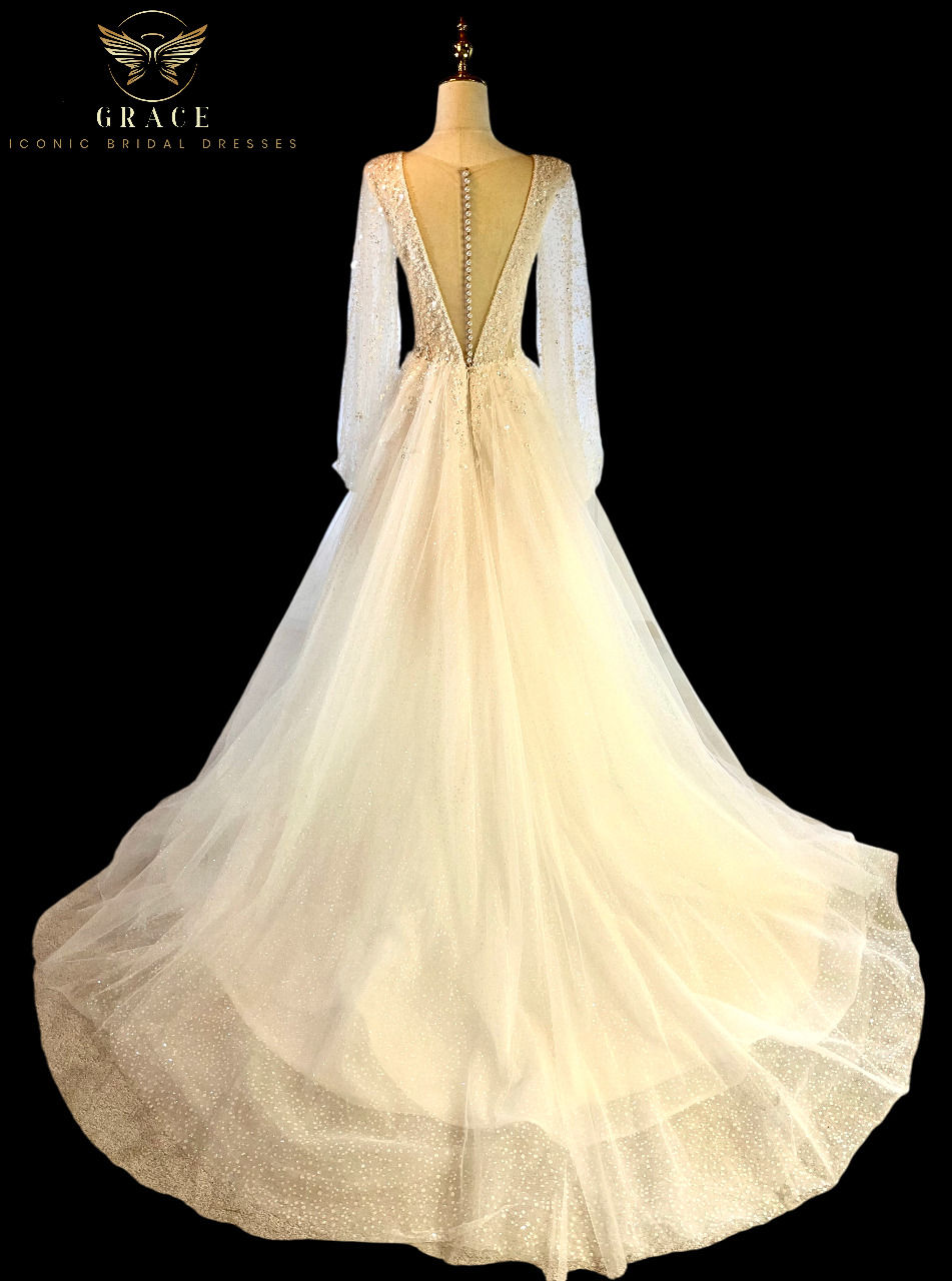 Thumbnail: Wedding Dress LAURA Glitter with V-Neckline and Chapel Length Train