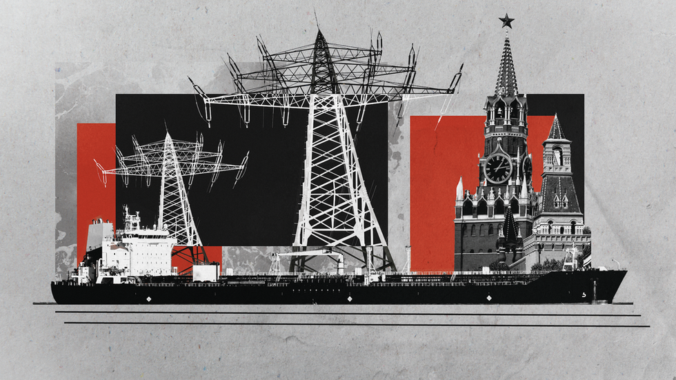 Illustration depicting powerlines, the Kremlin, a sea, a Russian oil tanker, with a background of red and black boxes, symbolising energy and geopolitical tensions.
