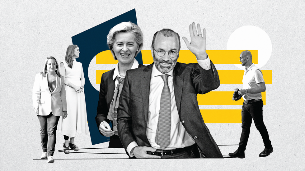 Illustration depicting Manfred Weber centre stage, with Ursula von der Leyen, Nicola Procaccini, Iratxe Garcia, and Terry Reintke, set against a backdrop of Euractiv-branded geometric shapes, representing the 2024 European Parliament election results.
