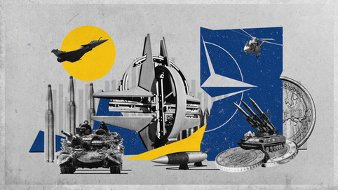 Illustration featuring NATO Star statue, military assets, euro coins, and a funding variance graph, symbolizing European defense funding challenges.
