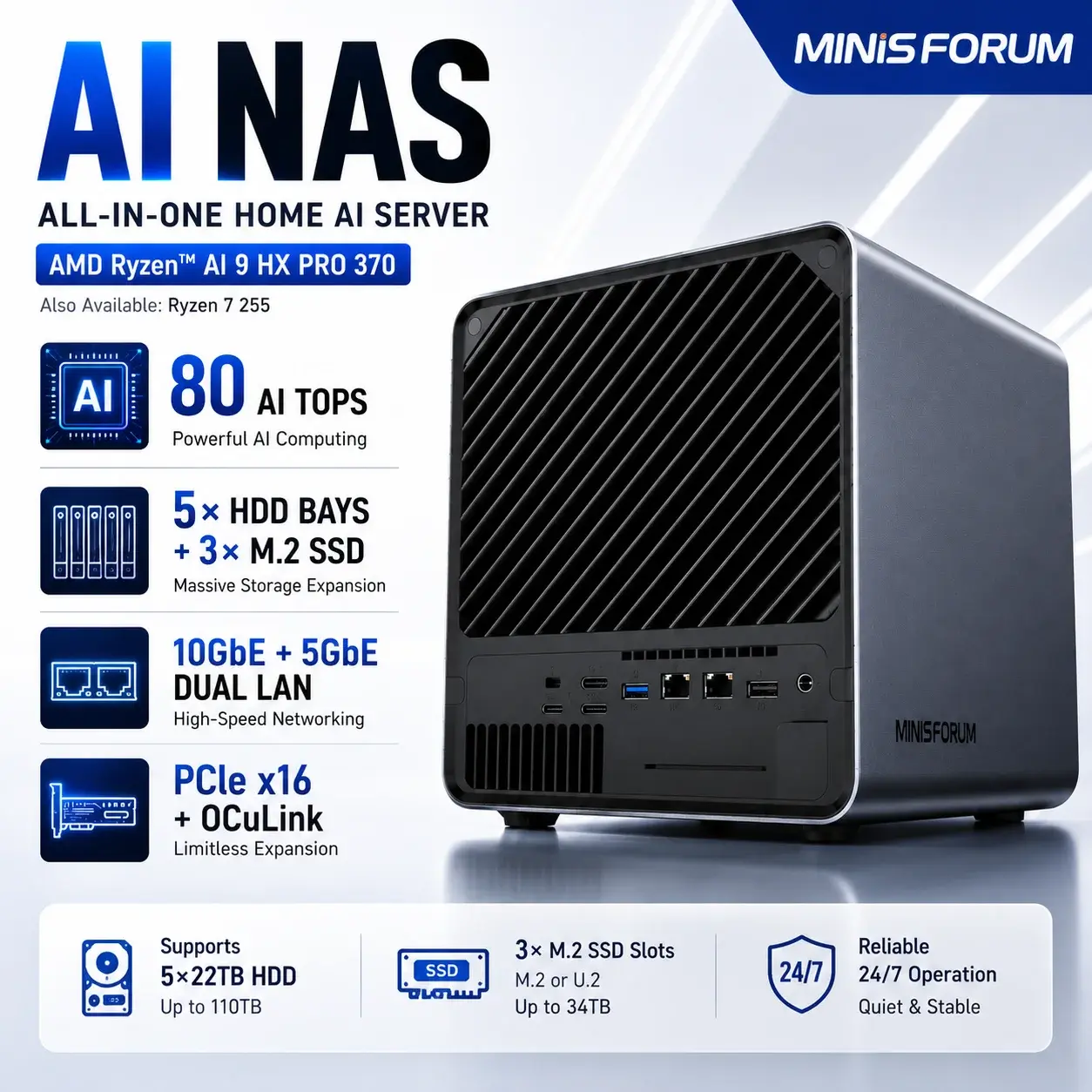 MINISFORUM N5 Pro AI NAS Mini Server AMD Ryzen AI 9 HX PRO 370 Ryzen 7 255 DDR5