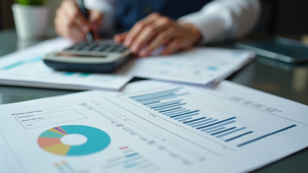 close-up view of financial documents and calculator on desk
