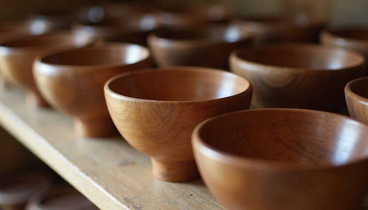 High angle view of polished wooden bowls displayed in Akureyri craft shop
