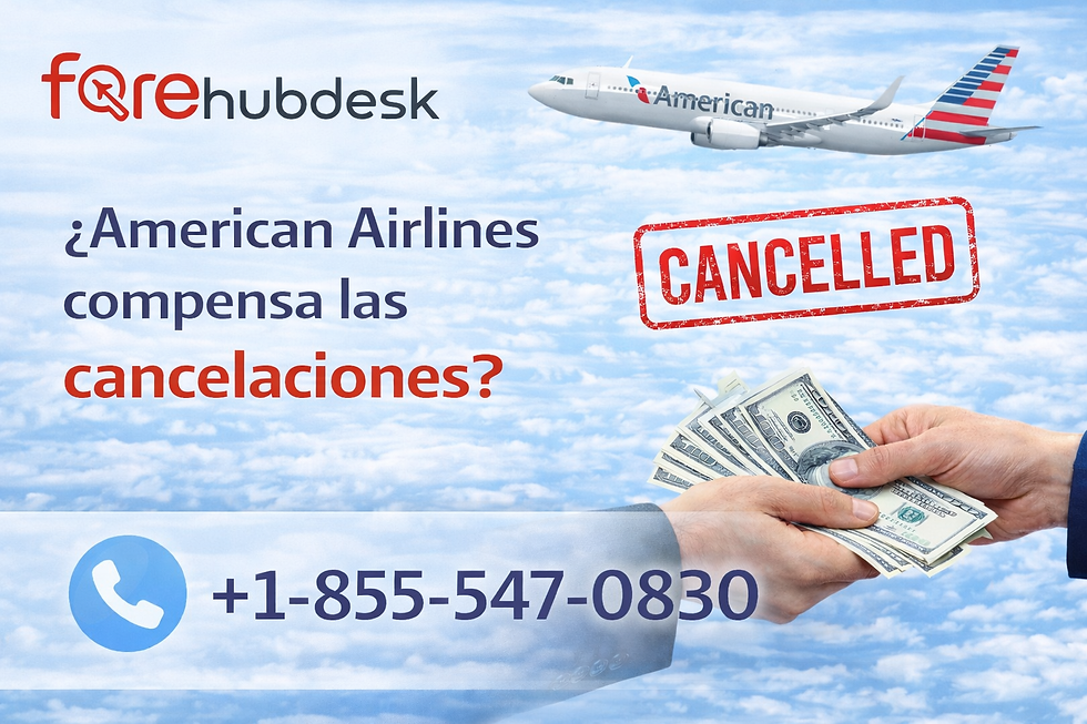 Airplane above clouds, text asks if American Airlines compensates cancellations. "Cancelled" stamp, money exchanged, contact info shown.