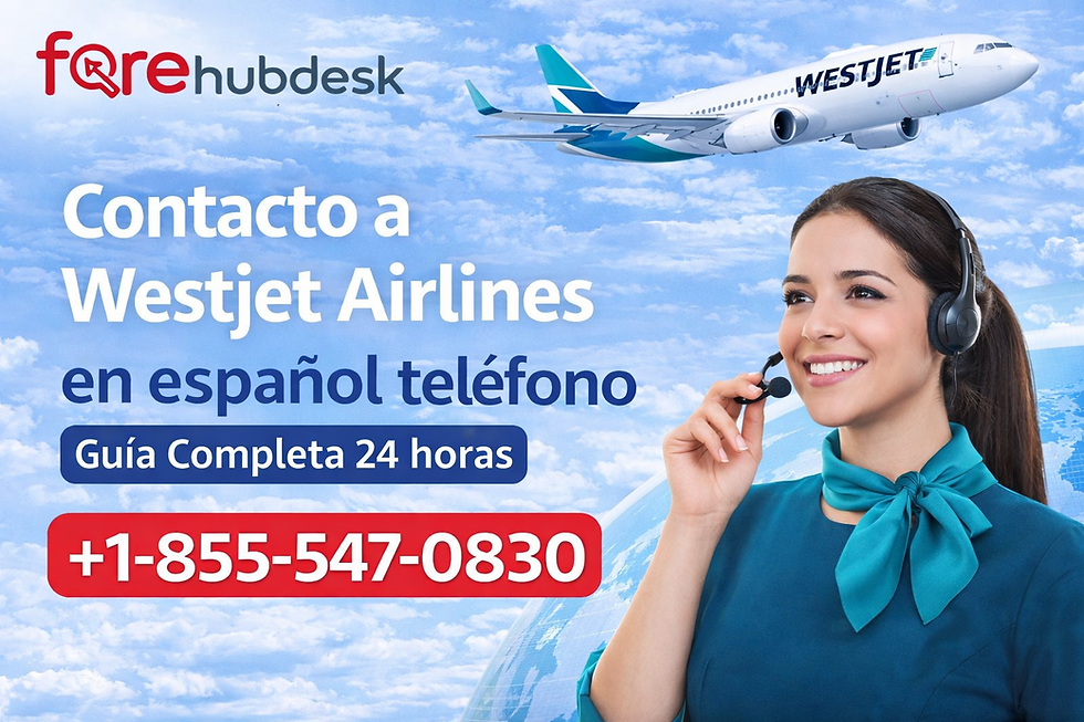 Smiling woman in headset, sky background, airplane, text: "Contacto a Westjet Airlines en español teléfono" with a phone number.