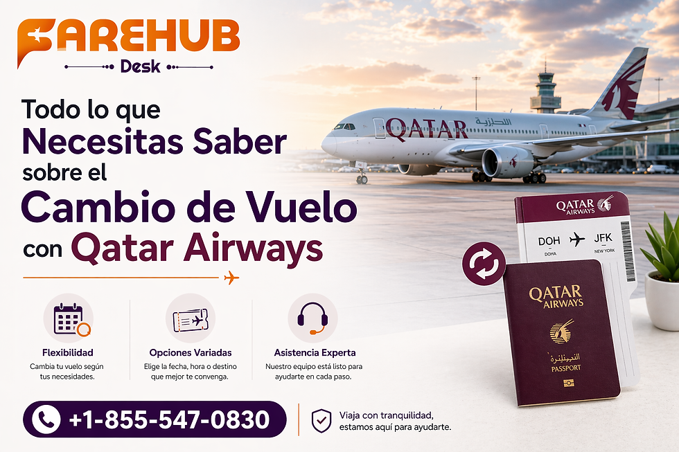 Qatar Airways plane at sunset with text on flight change info. Passport and ticket in foreground. Contact number and icons for flexibility.