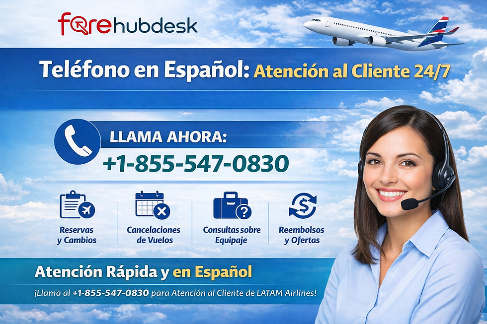 Smiling woman with headset, airplane in sky, text: Teléfono en Español, Atención al Cliente 24/7, +1-855-547-0830. Blue, white theme.