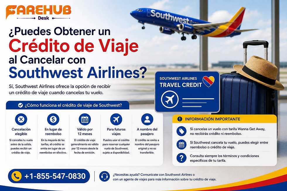 Spanish Southwest Airlines travel credit infographic with jet, suitcase, straw hat, and phone number +1-855-547-0830.