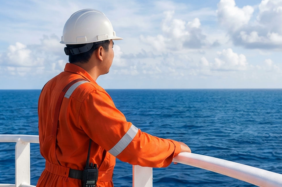 Seaman on a ship deck, looking out over the blue ocean under cloudy skies.