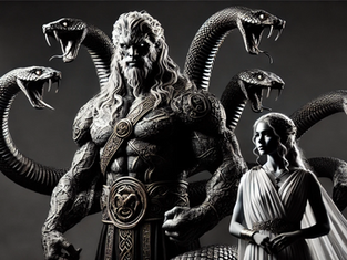 Episches Studio-Porträt von Typhon und Echidna, den legendären Wesen der griechischen Mythologie. Typhon erscheint als gewaltige, muskulöse Gestalt mit mehreren schlangenartigen Köpfen, während Echidna mit ihrem eleganten, aber bedrohlichen halb-menschlichen, halb-schlangenförmigen Körper an seiner Seite steht. Das dramatische Licht hebt ihre mythische Präsenz hervor, während der neutrale schwarz-graue Stoffhintergrund ihre gewaltigen Formen betont. Ein mächtiges, kunstvoll inszeniertes Bild, das die Essenz dieses unsterblichen Paares einfängt.