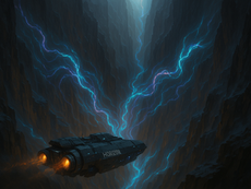 Futuristische Sci-Fi-Szene: In einem kolossalen, dunklen Canyon, dessen schroffe Felswände von blitzförmigen, blau-violett leuchtenden Energieadern durchzogen sind, taucht das Forschungsschiff „HORIZON“ mit orange glühenden Triebwerken in die Tiefe hinab – eine atmosphärische Komposition aus High-Tech-Erkundung, Gefahr und überwältigender Naturgewalt