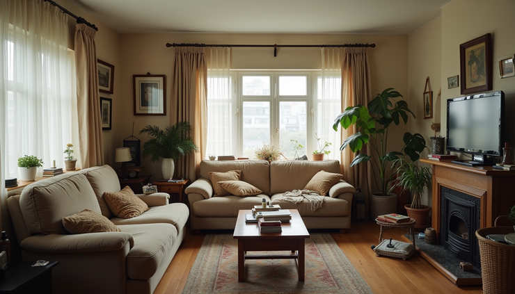 Eye-level view of a cluttered living room with mismatched furniture and decor