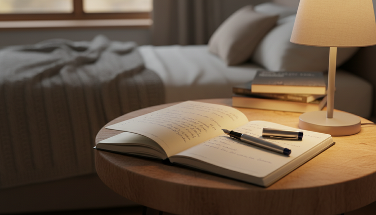 Close-up of a notebook with handwritten thoughts beside a warm lamp