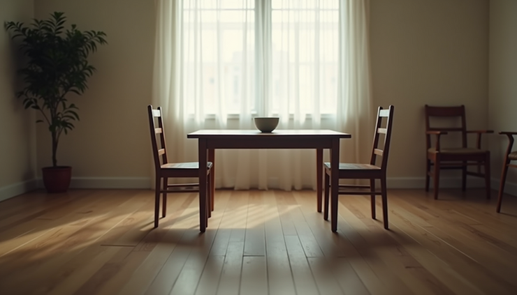 Eye-level view of an empty dining table with two chairs pulled apart