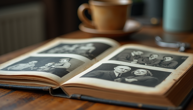 Close-up of a worn family photo album on a wooden table