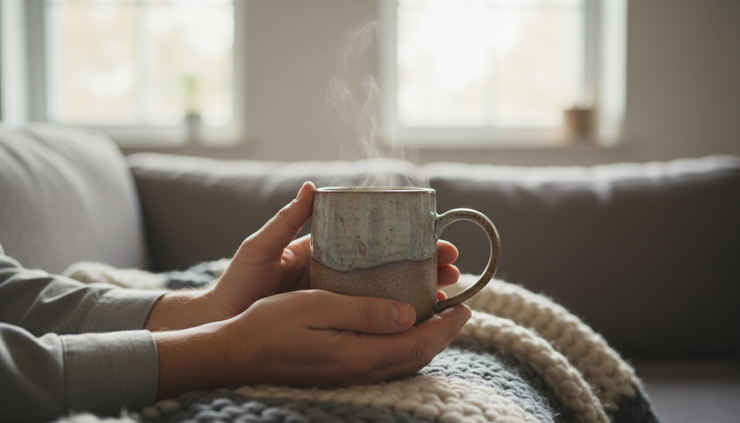 Close-up of two hands holding a warm ceramic cup beside a folded blanket