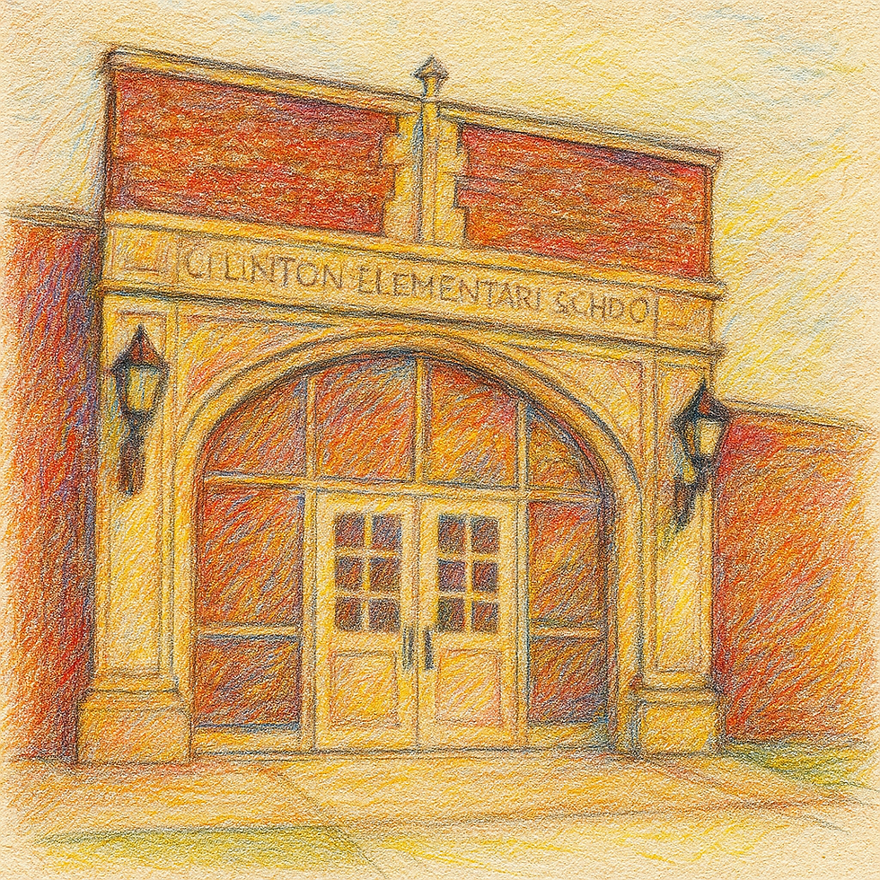 Colored pencil drawing of the historic front entrance to Clinton Elementary School at 1520 N 29th Street, a key landmark in Lincoln’s Clinton neighborhood, featuring an arched doorway and red brick facade.