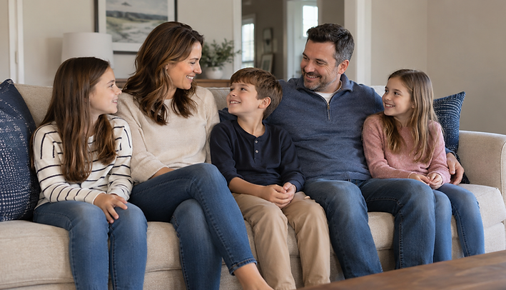picture of family smiling at each other representing a family that has life insurance