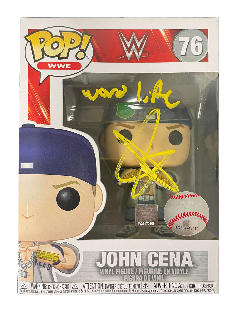PRESALE WWE MLB Funko Pop #76 with Word Life Quote Signed in Yellow by John Cena