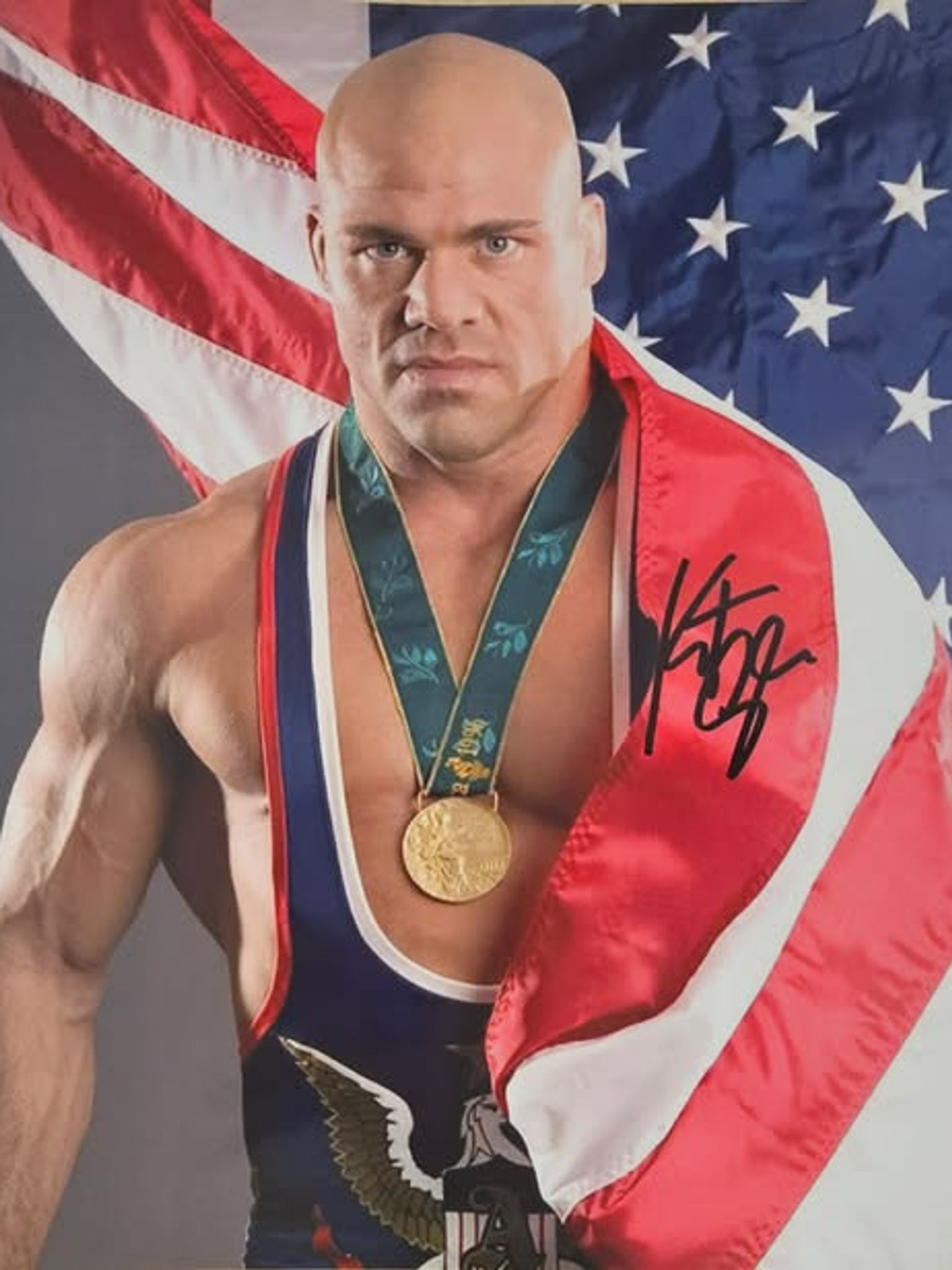 Kurt Angle Signed Wrestling Wrapped in Flag 8x10” Print