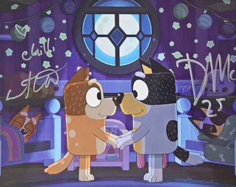 David McCormack & Melanie Zanetti Signed Bluey Nightime 10x8” Print