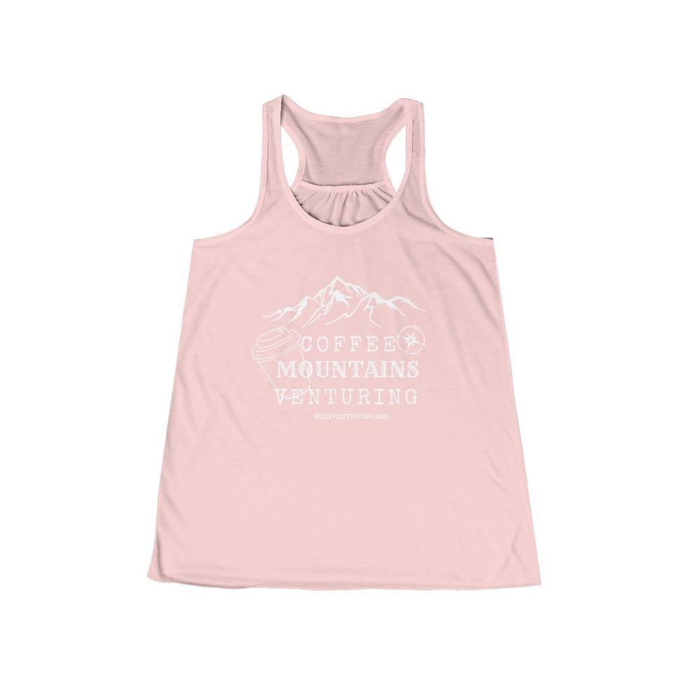 Miniatura: Coffee, Mountains, Venturing - Women's Flowy Racerback Tank - White Logo