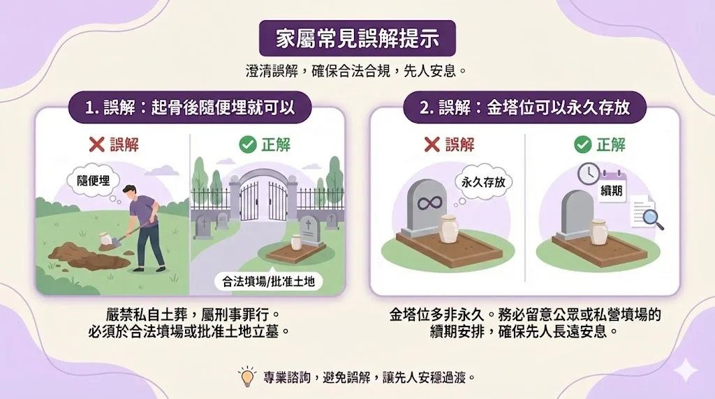 提示家屬必須在合法墳場建造金塔墓穴，並說明公眾與私營墳場的續期制度差異。