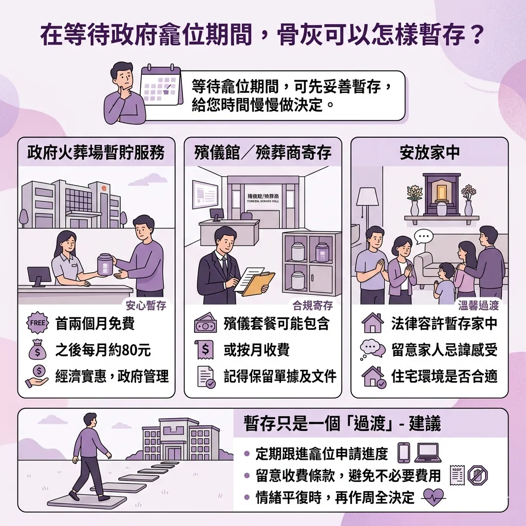 政府火葬場暫貯設施與持牌殮葬商提供的骨灰寄存服務空間