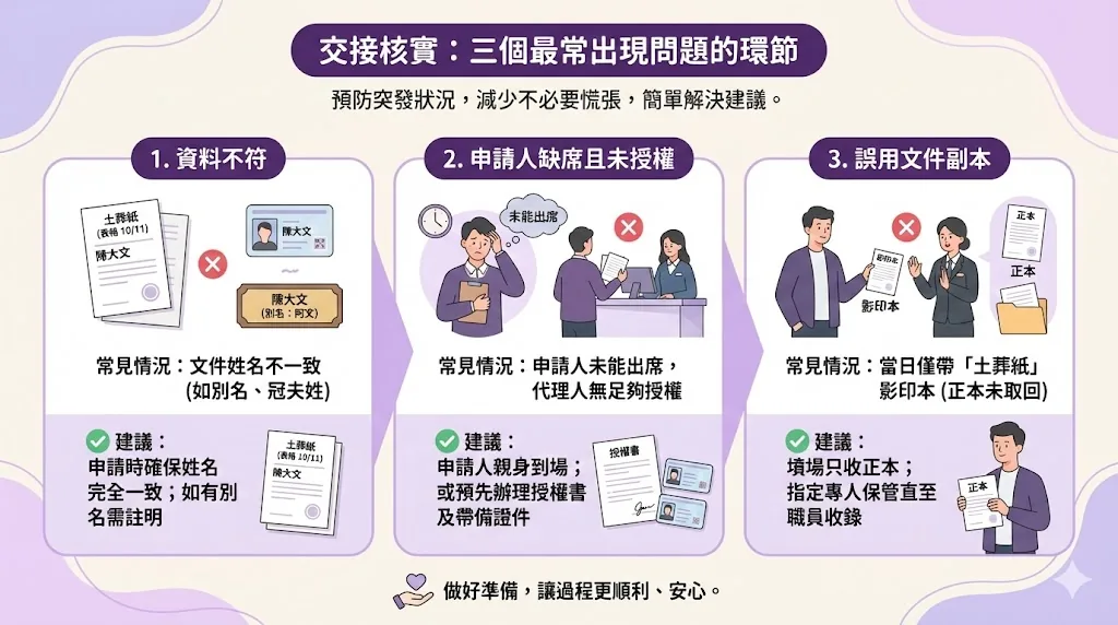 殯儀顧問與家屬核對土葬紙上的姓名資料，確保與身份證及棺木名牌一致