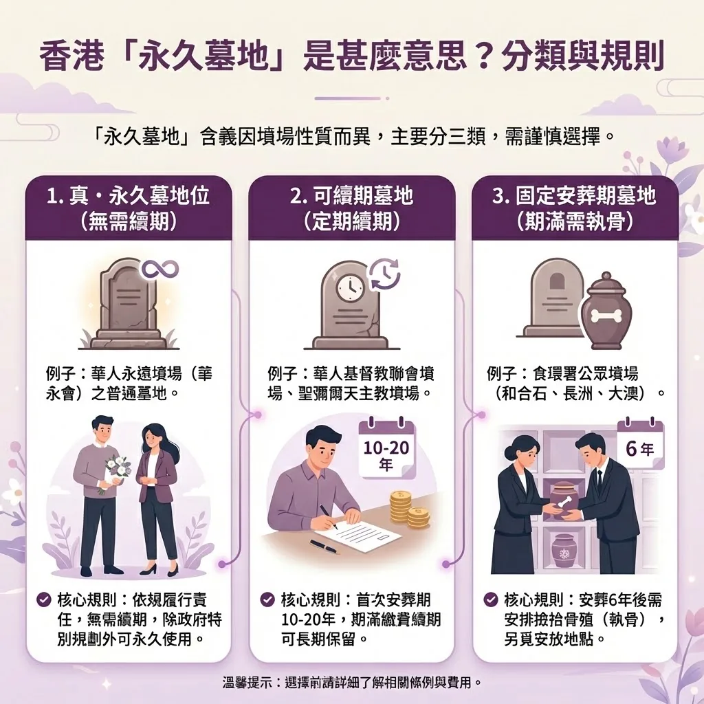 香港永久墓地分類指南：比較華永會普通位、宗教墳場續期位及食環署公眾墓地之差別。