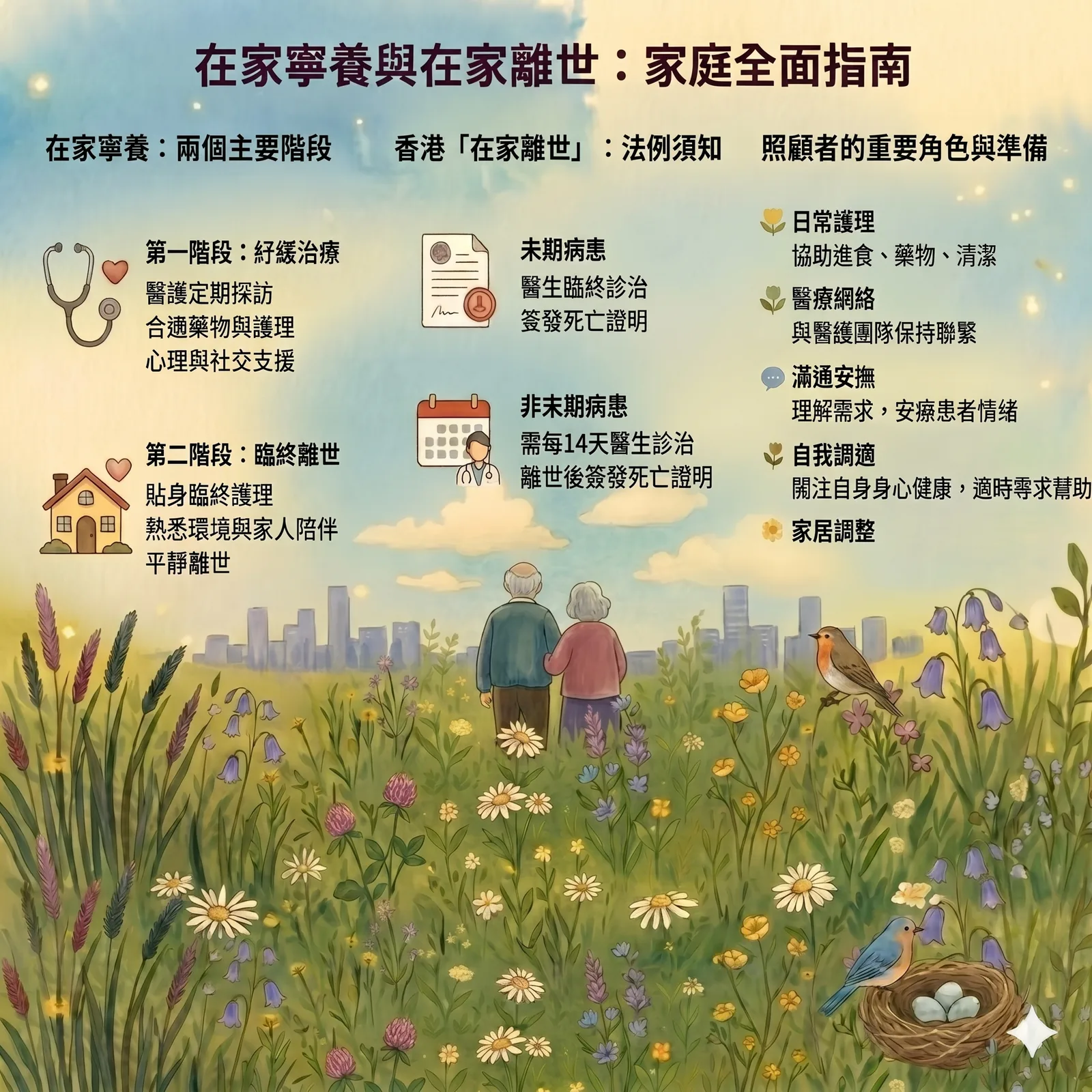 圖解在家寧養的兩個階段：從定期的紓緩治療到最後的臨終支援