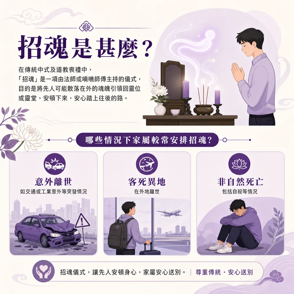 傳統中式及道教喪禮「招魂」儀式介紹資訊圖表。 上半部文字：招魂是由法師或喃嘸師傅主持的儀式，目的是將先人可能散落在外的魂魄引領回靈位或靈堂，安頓下來，安心踏上往後的路。配圖為一名男子在設有神主牌、香爐、紫色蠟燭的祭壇前閉眼雙手合十祈禱，一縷輕煙飄向空中。 中段標題：哪些情況下家屬較常安排招魂？ 下半部列出三大常見情境及對應插畫：意外離世（如交通或工業意外等突發情況），配圖為一輛車頭受損的紫色私家車與三角警告標誌。客死異地（在外地離世），配圖為一名男子背著背包、拉著行李箱在機場看著飛機起飛。非自然死亡（包括自殺等情況），配圖為一名男子神情沮喪地抱膝坐在地上。 頁尾文字：招魂儀式，讓先人安頓身心，家屬安心送別。尊重的傳統，安心送別。