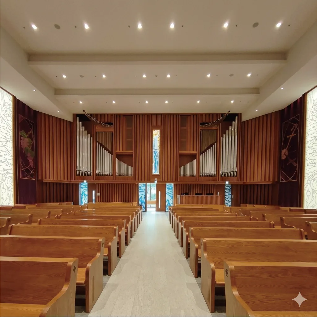 北角衛理堂地理環境：藏身於長康街山崗，避開北角鬧市喧囂，提供家屬安靜尊榮的安息禮拜空間。