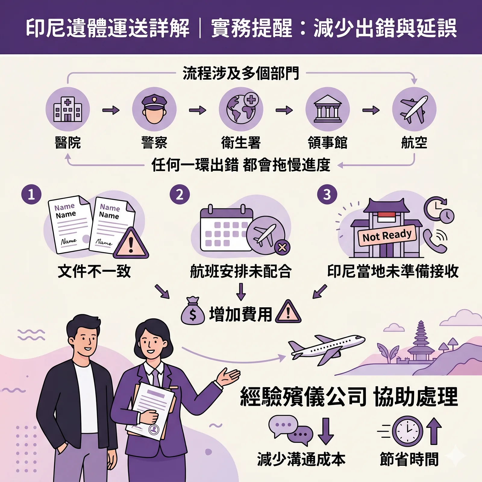 印尼遺體運送實務提醒資訊圖，主題為「減少出錯與延誤」。圖表指出運送流程涉及醫院、警察、衛生署、領事館及航空等多個部門，任何一環出錯都會拖慢進度。圖中列出三大導致費用增加的常見出錯原因：文件不一致、航班安排未配合、印尼當地未準備接收。底部建議透過經驗豐富的殯儀公司協助處理，以減少溝通成本並節省時間。
