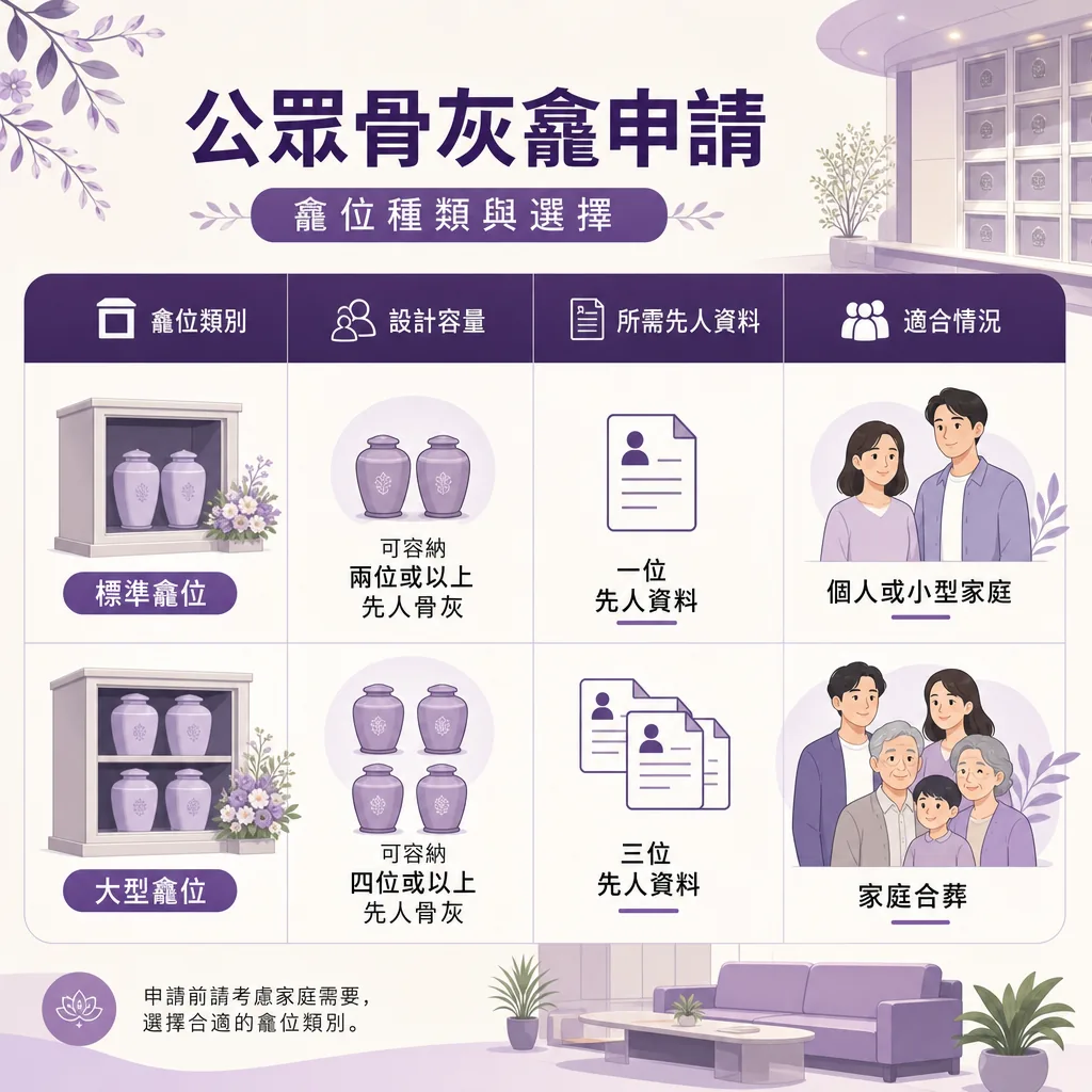 公眾骨灰龕申請資訊圖表，主題為『龕位種類與選擇』。圖中以表格對比兩種龕位類別：標準龕位： 設計容量可容納兩位或以上先人骨灰，需要一位先人資料，適合個人或小型家庭。大型龕位： 設計容量可容納四位或以上先人骨灰，需要三位先人資料，適合家庭合葬。 底部提示：申請前請考慮家庭需要，選擇合適的龕位類別。背景帶有現代室內客廳與骨灰安置所牆面的紫色調插圖。