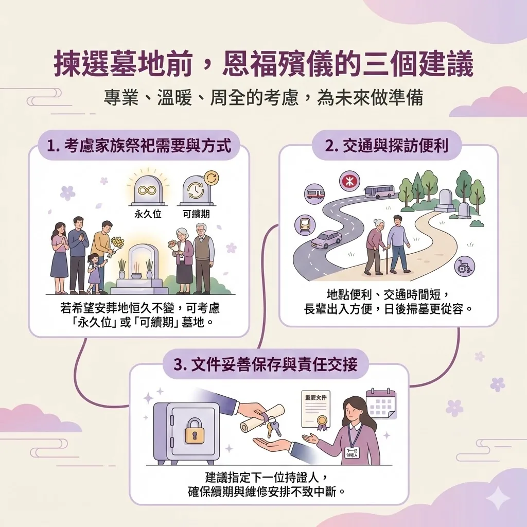 恩福殯儀揀選墓地 3 大建議：考慮家族祭祀方式、交通便利性及持證人責任交接。