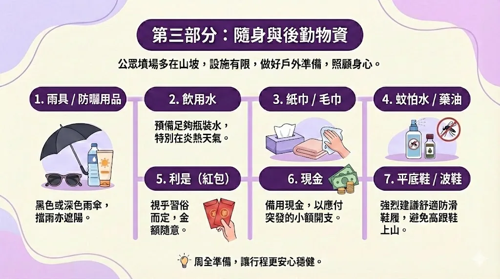 公眾墳場土葬後勤物資核對：準備深色雨傘、飲用水、防蚊用品、利是及平底鞋，確保家屬在戶外環境下順利完成下葬儀式。