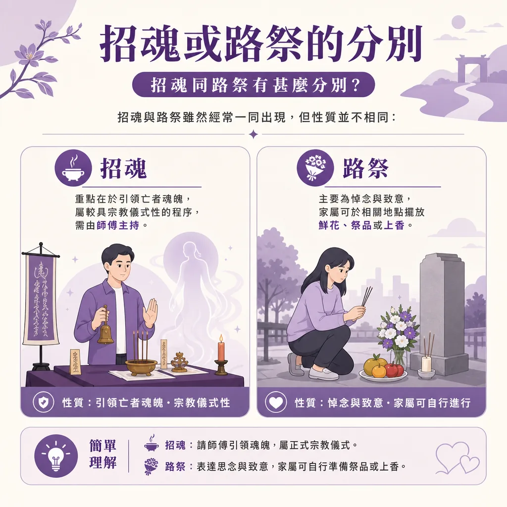 資訊圖表標題為「招魂或路祭的分別」。圖表以紫色調為主，將兩者進行對比：左側為「招魂」，說明其重點在於引領亡者魂魄，具宗教儀式性，需由師傅主持，插圖顯示一位男士在設有法器、香爐及神幡的案前搖鈴，身後有靈魂剪影；右側為「路祭」，說明主要為悼念與致意，家屬可自行於相關地點擺放鮮花、祭品或上香，插圖顯示一位女士跪在墓碑（或路邊祭祀點）前持香祭拜，地上有水果與鮮花。底部設有「簡單理解」摘要，重申招魂需請師傅且屬正式儀式，路祭則是表達思念且家屬可自行進行。