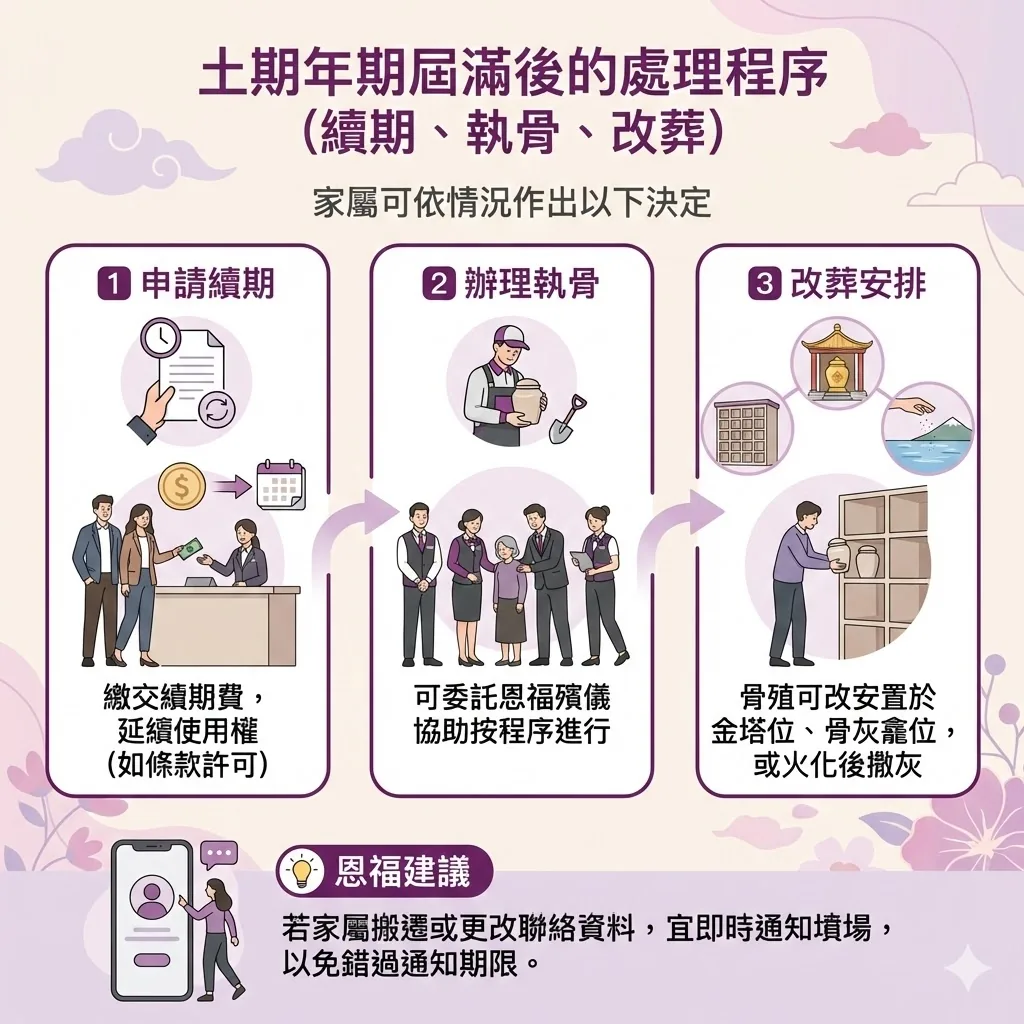 香港土葬期滿處理流程：申請墓地續期、辦理執骨及改葬骨灰龕位程序教學。