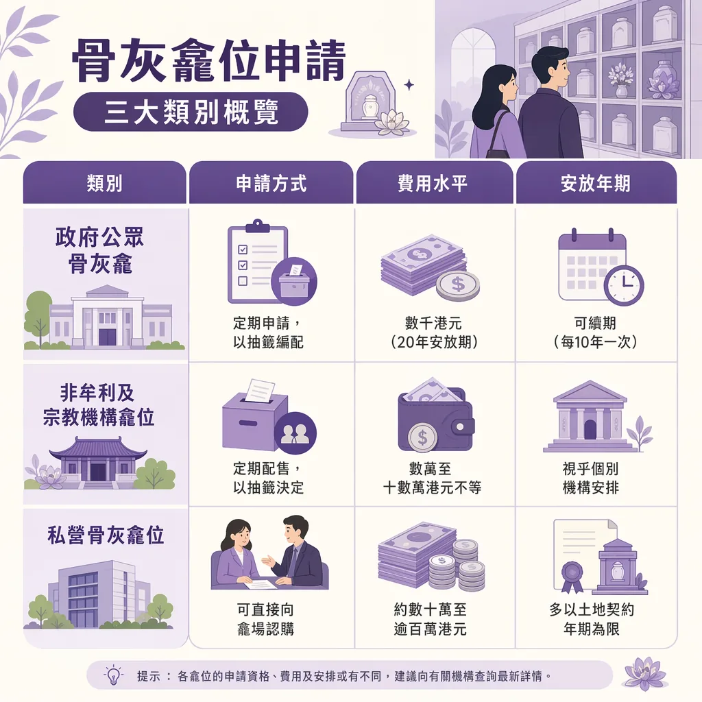 骨灰龕位申請資訊圖表，主題為「三大類別概覽」，以表格形式詳細對比三種龕位：政府公眾骨灰龕： 定期申請並以抽籤編配；費用為數千港元（20年安放期）；可續期（每10年一次）。非牟利及宗教機構龕位： 定期配售並以抽籤決定；費用為數萬至十數萬港元不等；安放年期視乎個別機構安排。私營骨灰龕位： 可直接向龕場認購；費用約數十萬至逾百萬港元；安放年期多以土地契約年期為限。底部附有提示：各龕位的申請資格、費用及安排或有不同，建議向有關機構查詢最新詳情。右上角有男女家屬參觀龕位牆的插圖，整體採用紫色調設計。