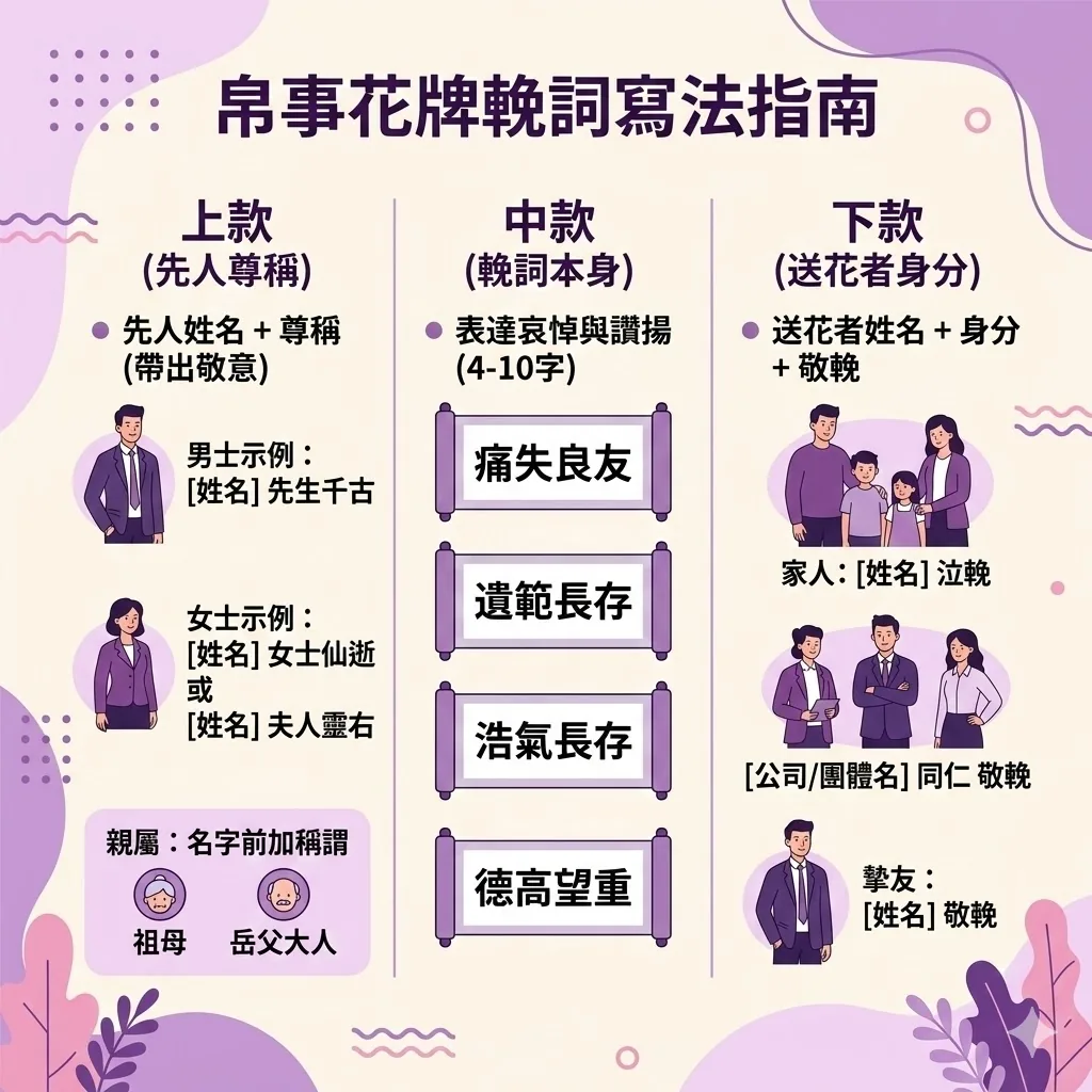 帛事花牌輓詞寫法指南資訊圖，詳細說明喪禮花牌的上款（先人尊稱）、中款（四字輓詞如痛失良友、德高望重）、下款（送花者身份與敬輓用法）之正確格式與禮儀建議。