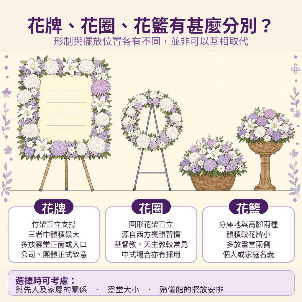 花牌、花圈、花籃三者形制、擺放位置與適用場合對照