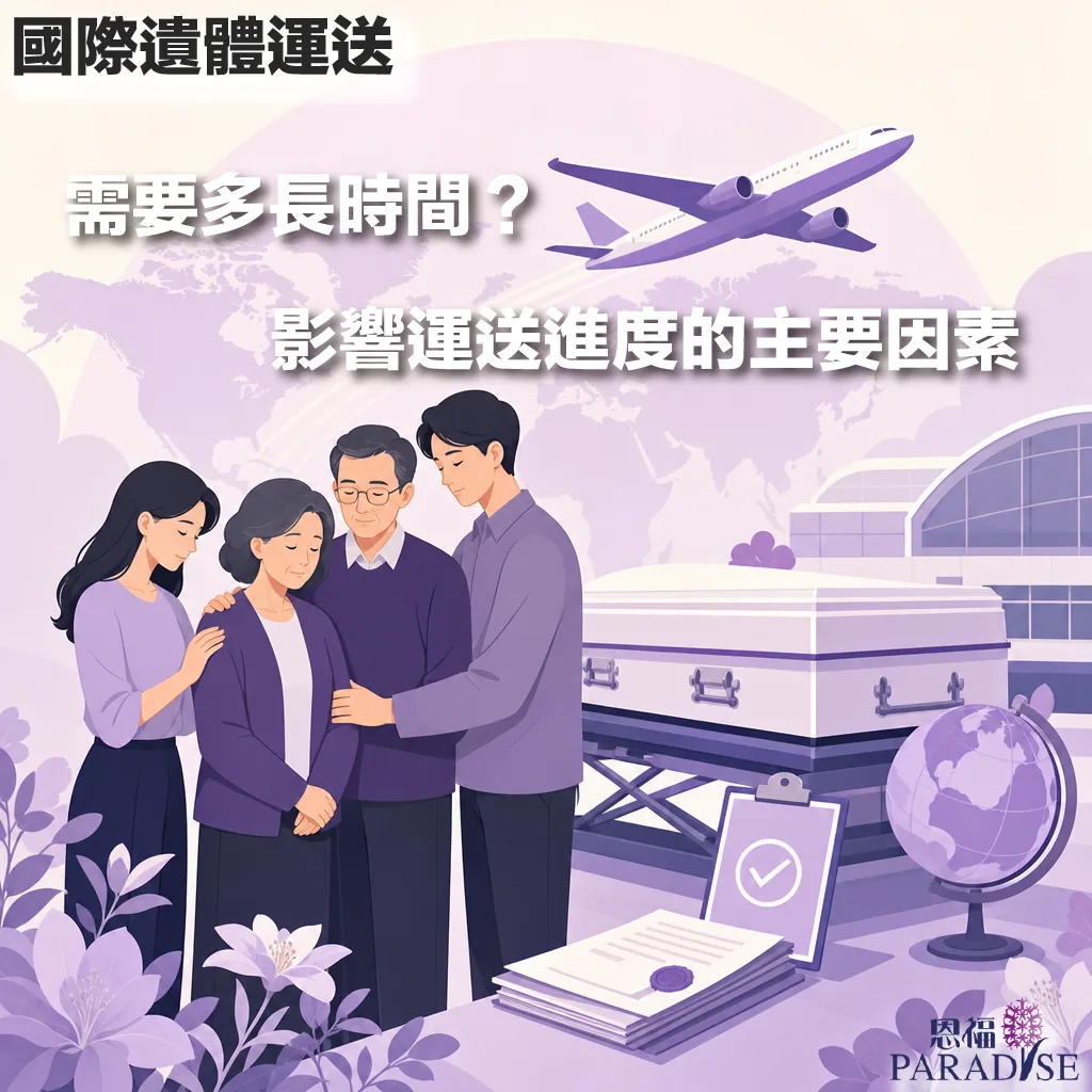 恩福 Paradise 宣傳圖：主題為「國際遺體運送：需要多長時間？影響運送進度的主要因素」。圖片以紫色為基調，左側為一家四口神色凝重、互相扶持的背影與側面；右側展示具備蓋章的文件、打勾的清單、地球儀、白色棺木，背景則有飛機和機場建築，呈現大陸遺體運回香港所需時間與各項手續綜合影響的意境。