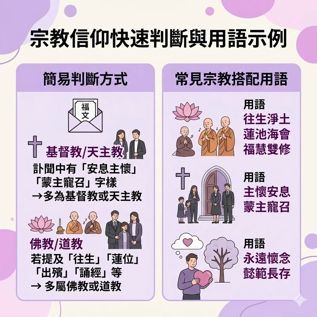 帛事花牌宗教輓詞對照表：教你從訃聞關鍵字判斷先人信仰。包含佛教用「往生淨土」、基督教天主教用「主懷安息」及中性萬用「永遠懷念」等範例，確保花牌用語符合宗教禮儀。