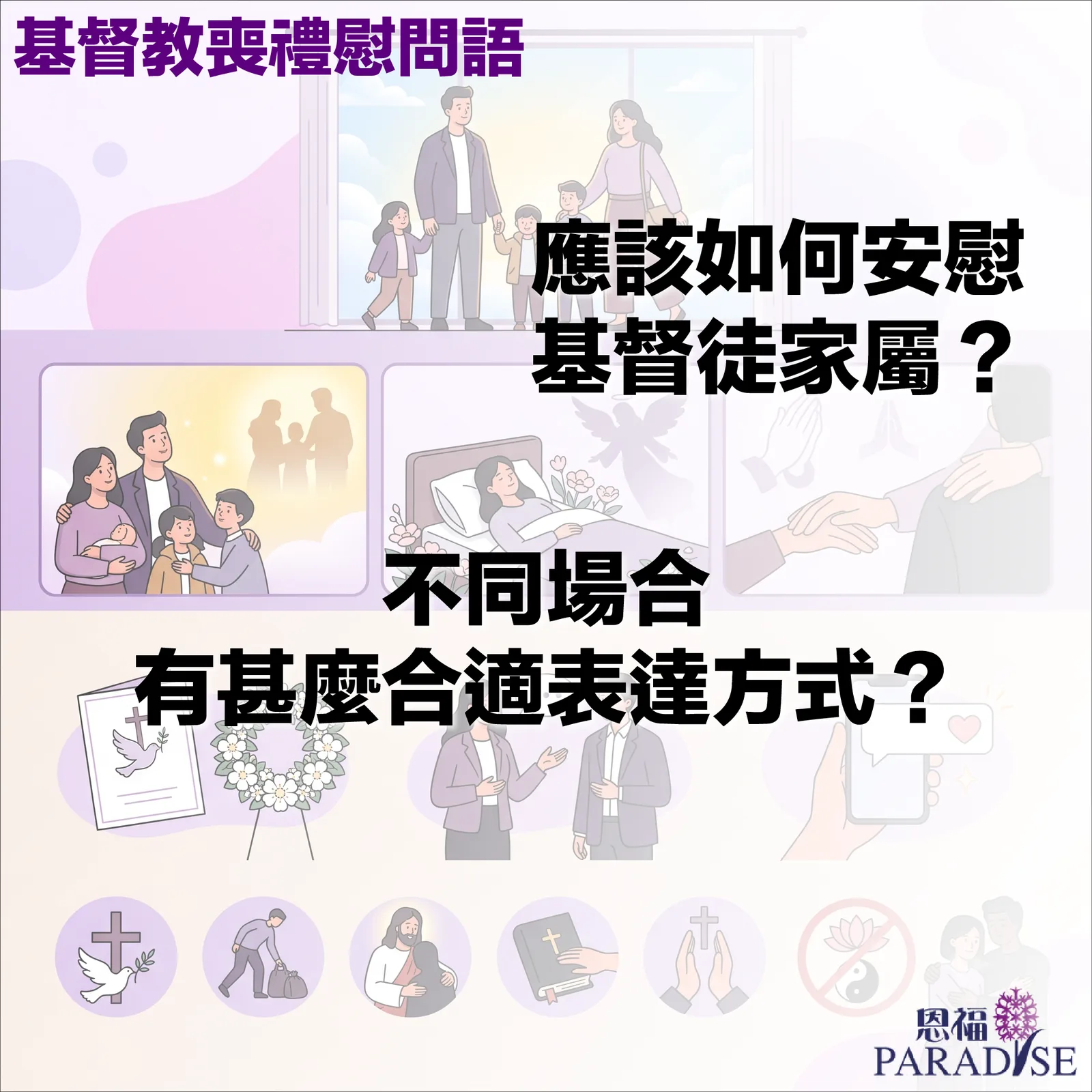 基督教喪禮慰問語主題圖卡，大標題為『應該如何安慰基督教家屬？不同場合有甚麼合適表達方式？』。背景搭配家庭、病榻臨終、安息禮拜花圈及訊息關懷等不同場合插圖，右下角帶有恩福 PARADISE 品牌標誌。