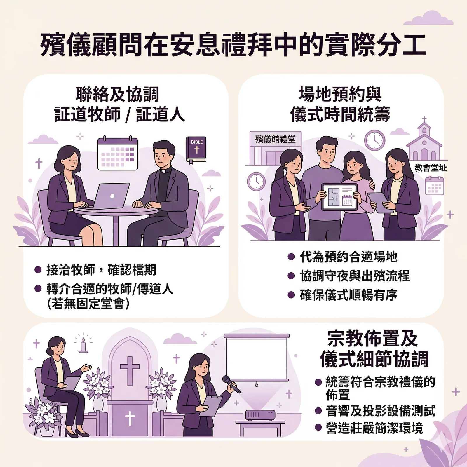 殯儀顧問在安息禮拜現場統籌流程與協調工作